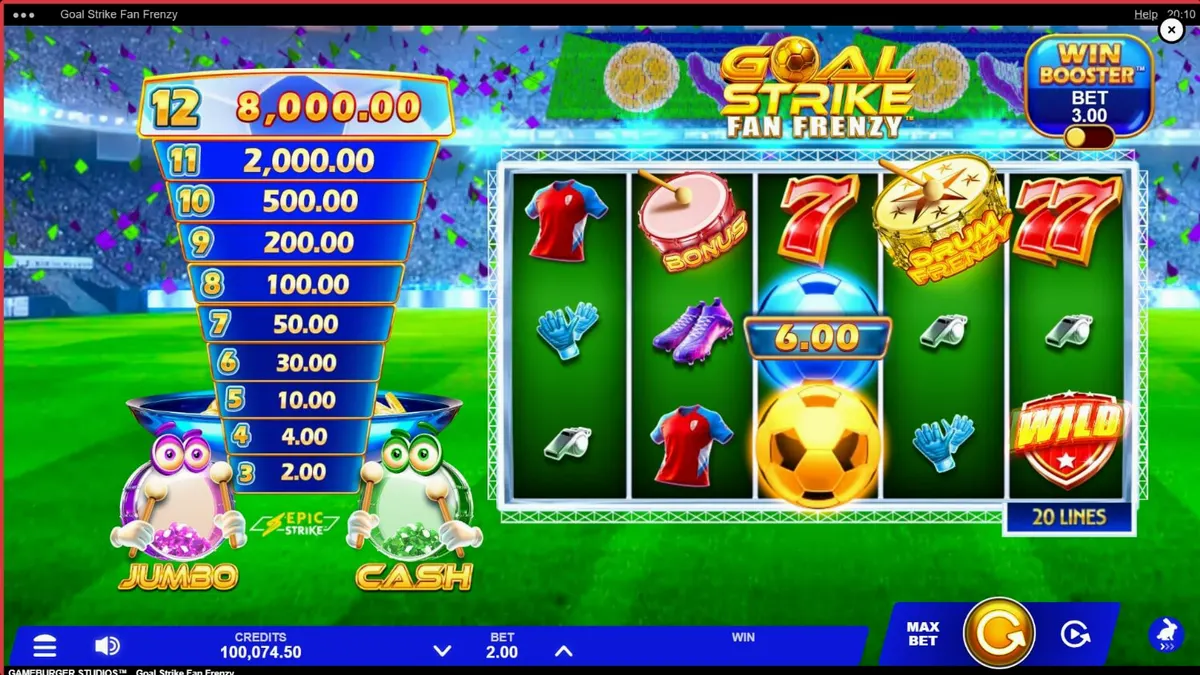 Tampilan visual slot Goal Strike Fan Frenzy dengan tema stadion sepak bola yang meriah