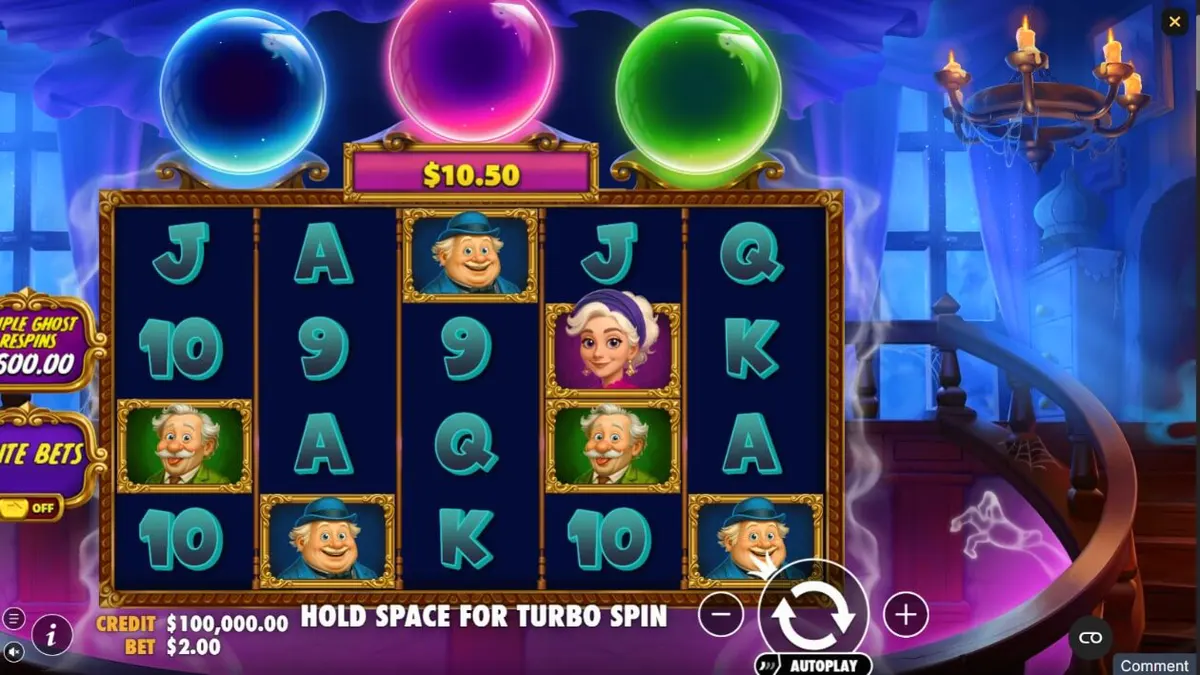 Tampilan visual permainan slot Great Ghosts dengan tema rumah hantu kartun.