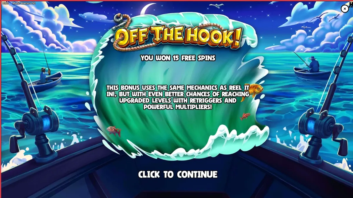 Tampilan layar permainan slot Marlin Masters OG dengan tema memancing di laut.